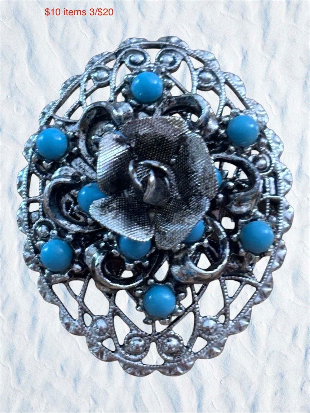 3/$20 VTG Filigree Faux Turquoise Brooch